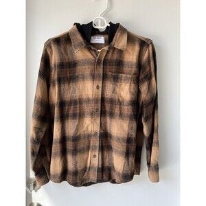 Old Navy Hooded Plaid Flannel Boys 2 in 1 Long Sleeve Shirt Brown Size XL 14/16